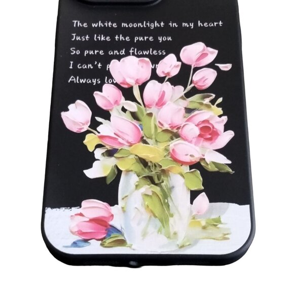Iphone 15 Pro Max Black Pink Tulip Poem Matte Case Design With Wrist Strap - Picture 3 of 7